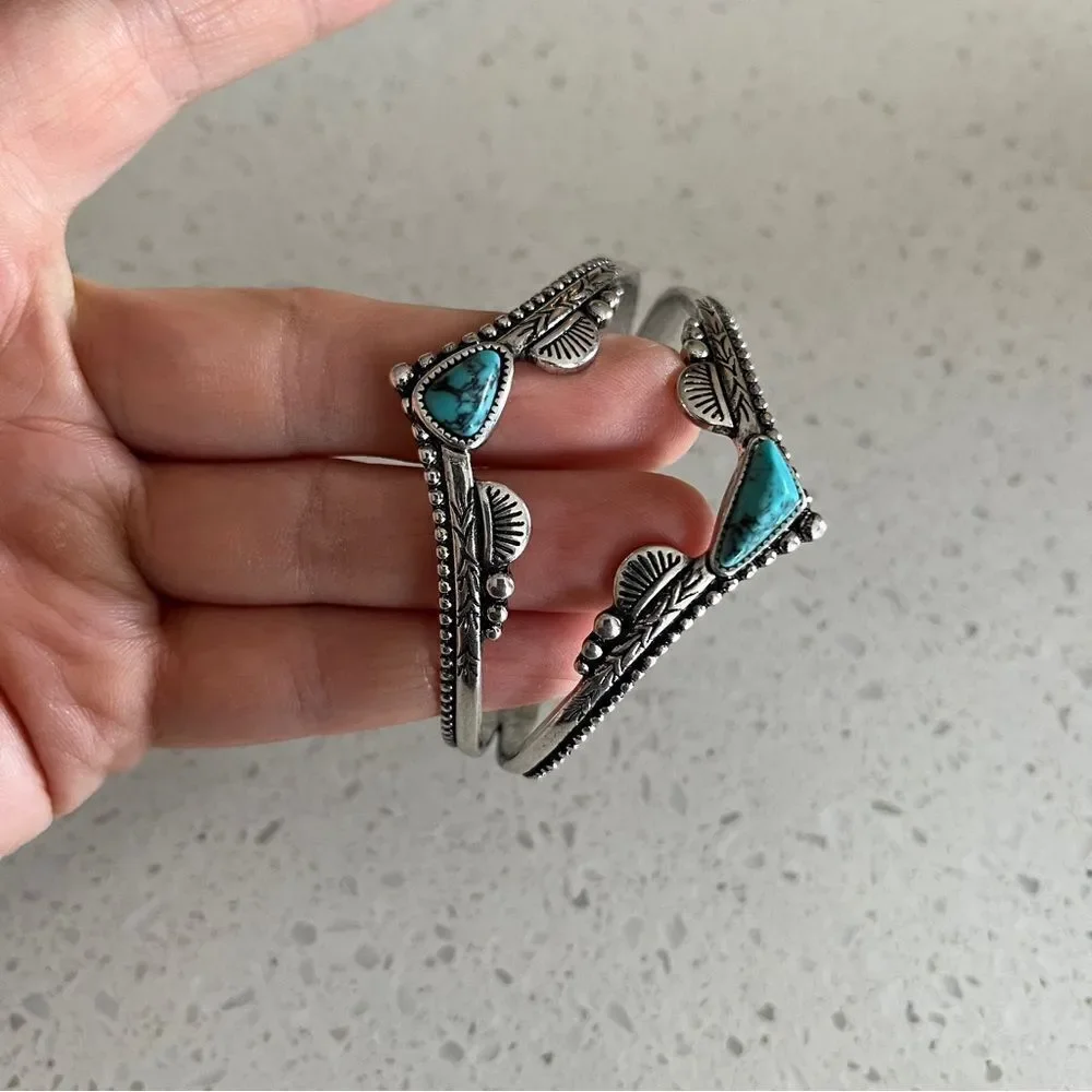 Natural Blue Turquoise‎ Stone Decor Western Metal Cuff Bangle Bracelet